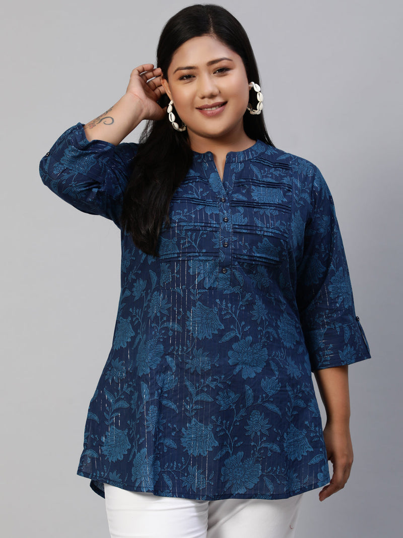 Plus Size Women Blue Floral Printed Tunic With Mandarin Collar