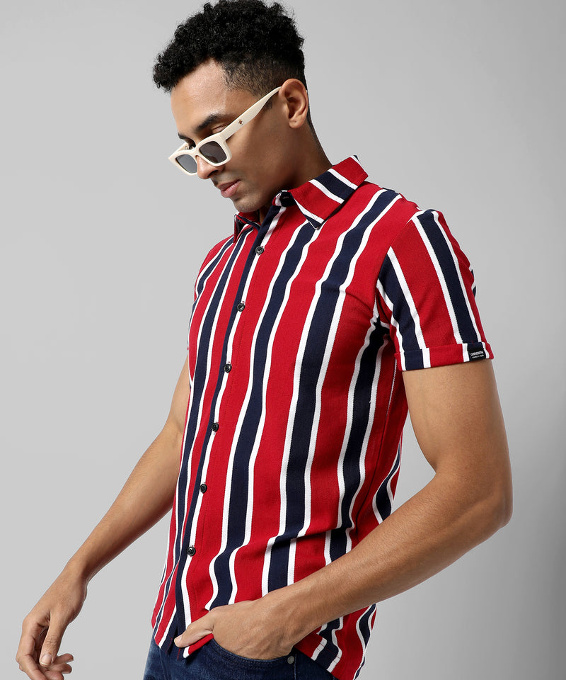 Men's Red Striped Regular Fit Casual Shirt