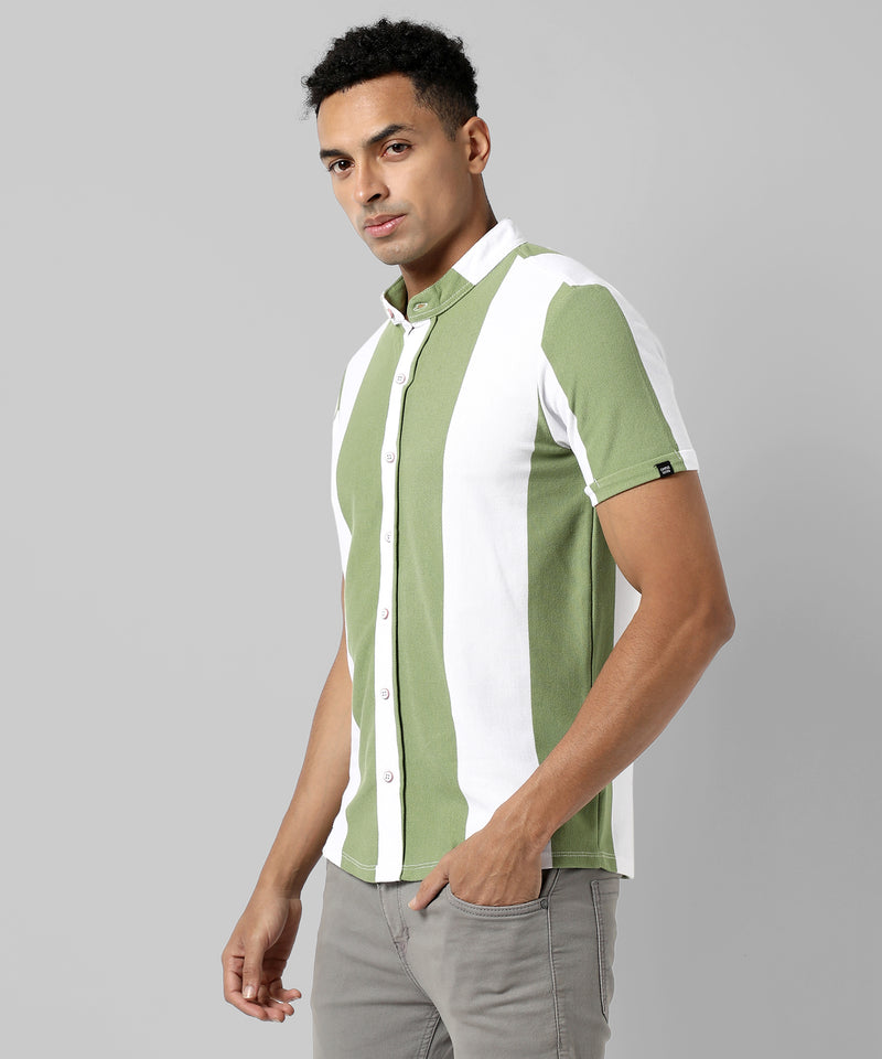 Men's Sage Green Striped Regular Fit Casual Shirt