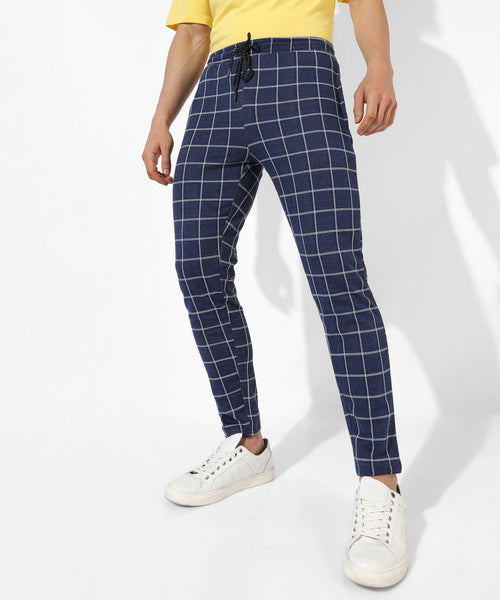 Men's Dark Blue Checkered Regular Fit Trackpants