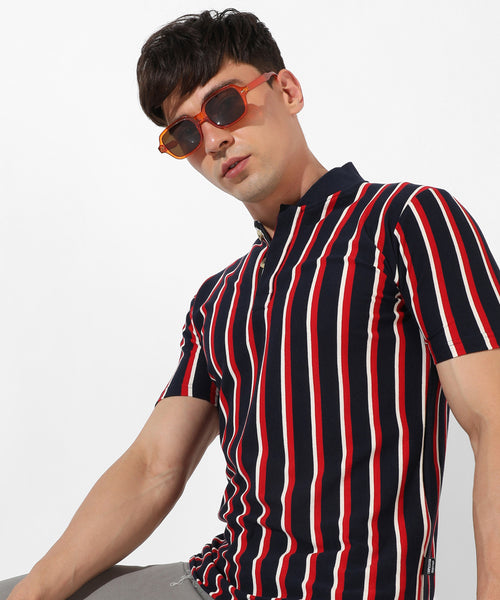Men's Multicolour Striped Regular Fit Casual T-Shirt