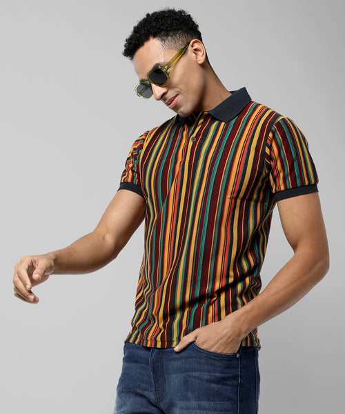 Men's Striped Multicolour Regular Fit Casual T-Shirt