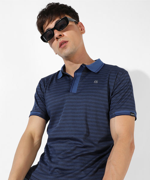 Men's Blue Striped Regular Fit Casual T-Shirt