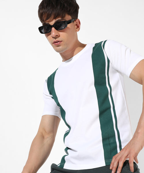 Men's White Colourblocked Regular Fit Casual T-Shirt