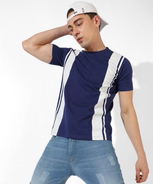 Men's Blue Colourblocked Regular Fit Casual T-Shirt
