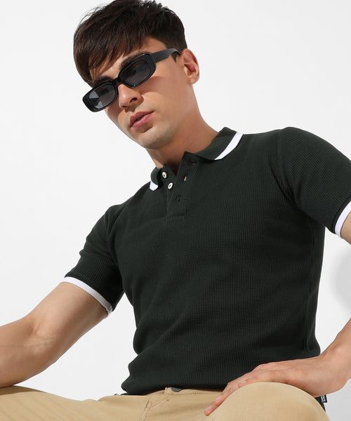 Men's Solid Green Regular Fit Casual T-Shirt