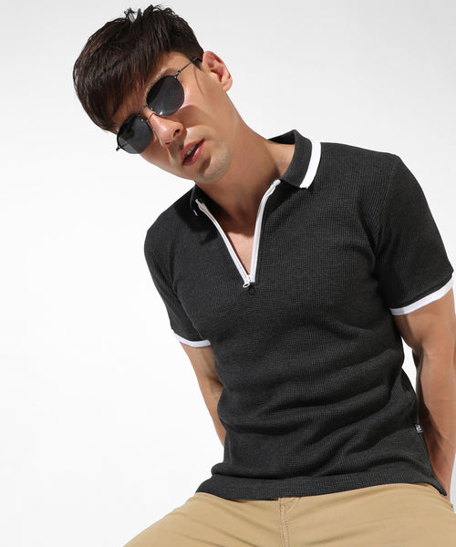 Men's Solid Charcoal Grey Regular Fit Casual T-Shirt
