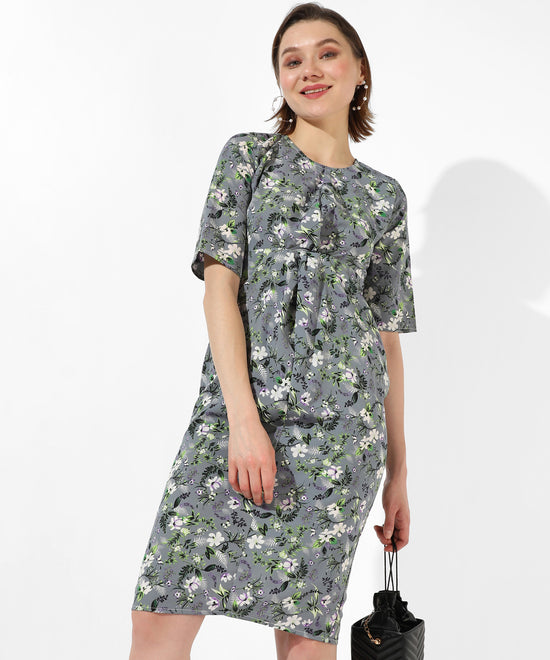 Women's Grey Printed Regular Fit Dress