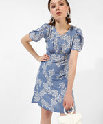 Women's Blue Printed Regular Fit Dress