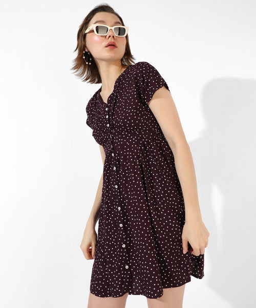 Women's Printed Maroon Regular Fit Dress