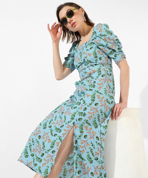 Women's Blue Printed Regular Fit Dress