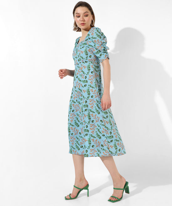 Women's Blue Printed Regular Fit Dress