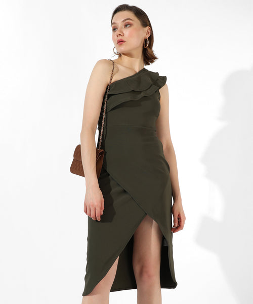 Women's Solid Olive Green Regular Fit Dress