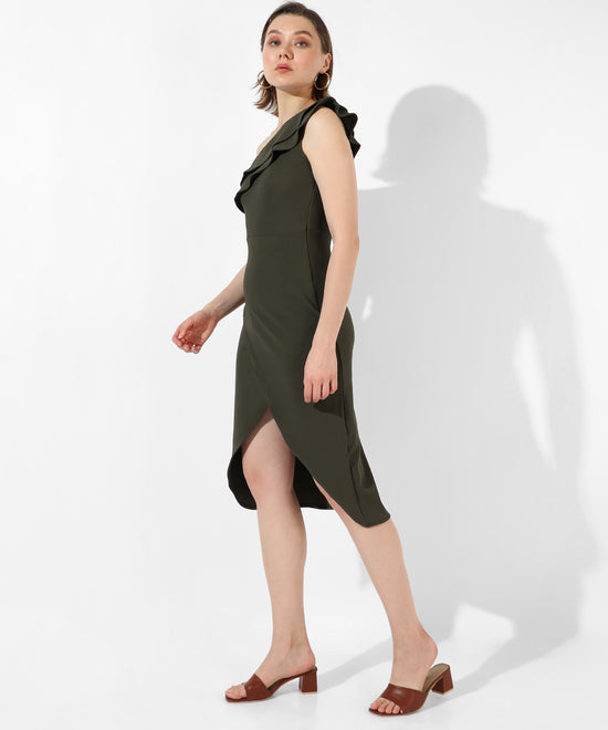 Women's Solid Olive Green Regular Fit Dress