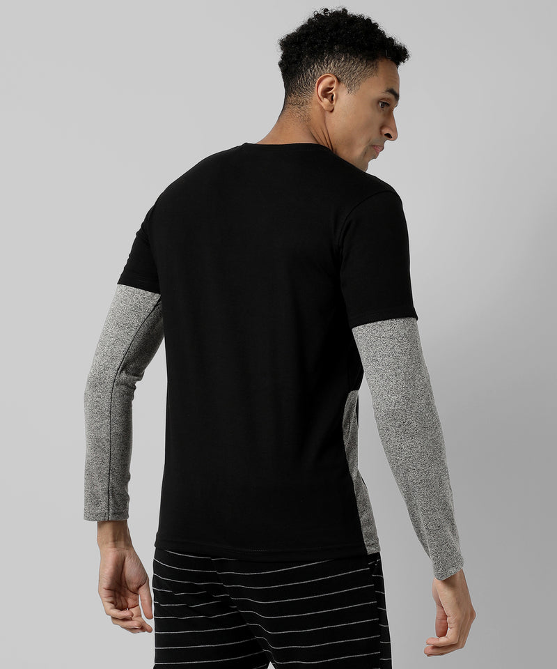 Men's Black Colourblocked Regular Fit Casual T-Shirt