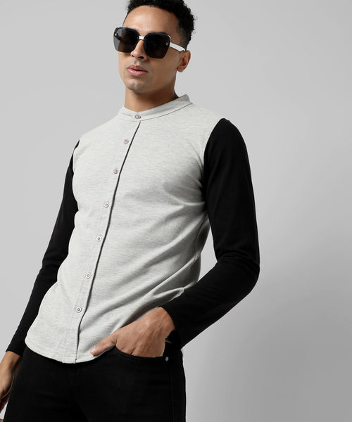 Men's Grey Colourblocked Regular Fit Casual Shirt
