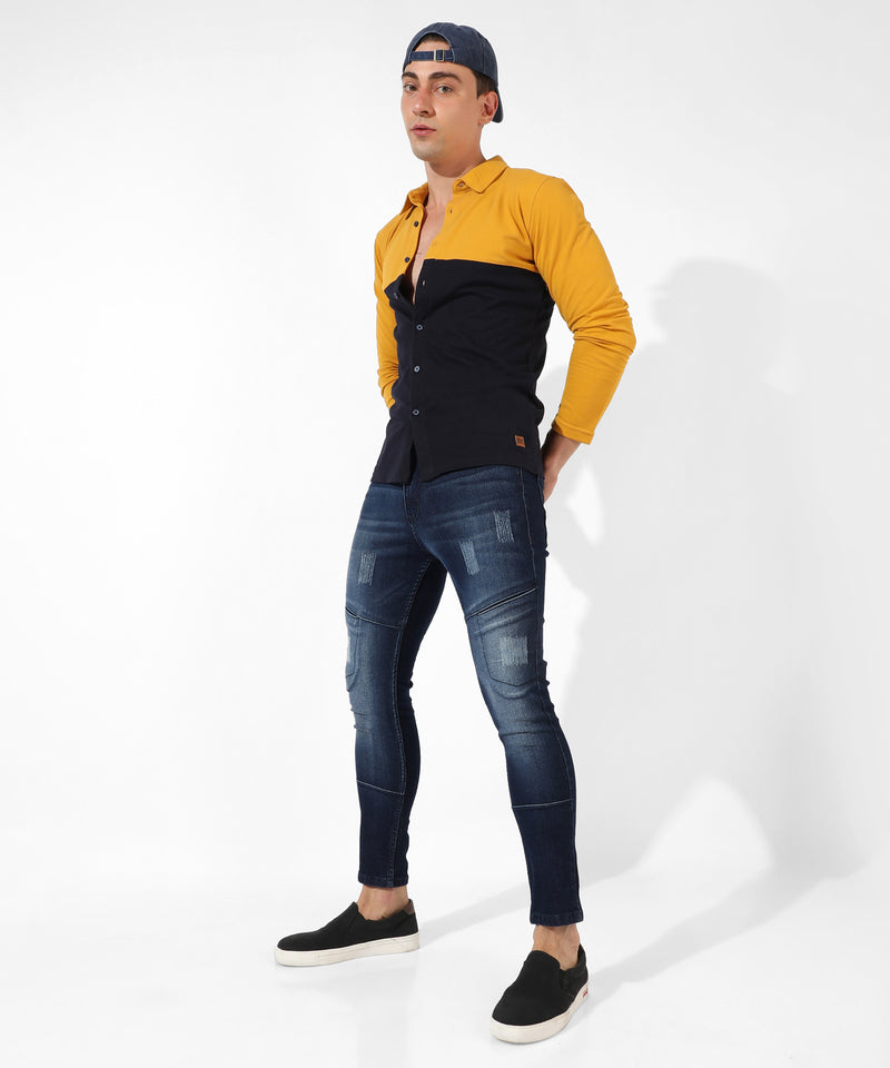 Men's Mustard Yellow Colourblocked Regular Fit Casual Shirt