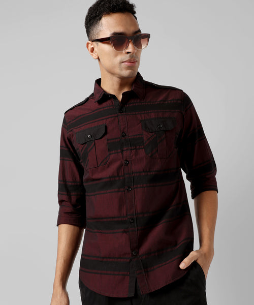 Men's Maroon Striped Regular Fit Casual Shirt