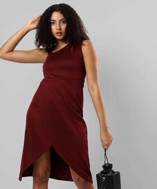 Women's Solid Maroon Regular Fit Dress