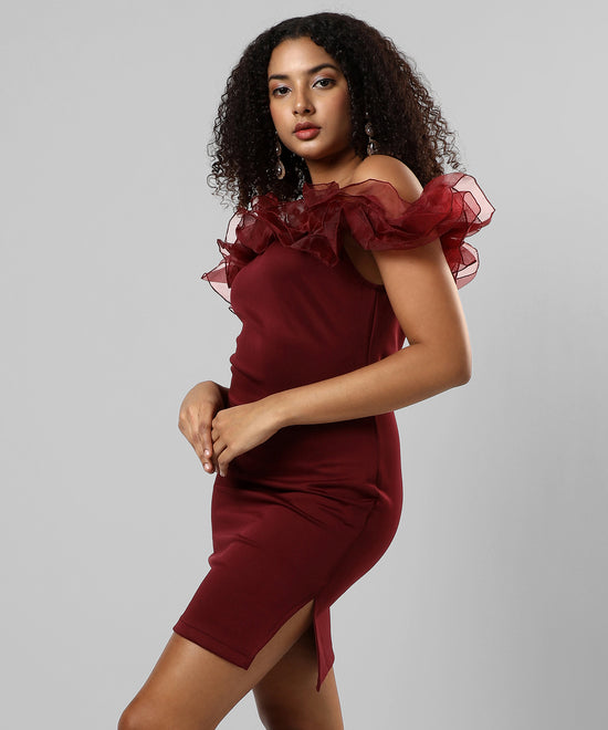 Women's Solid Maroon Regular Fit Dress