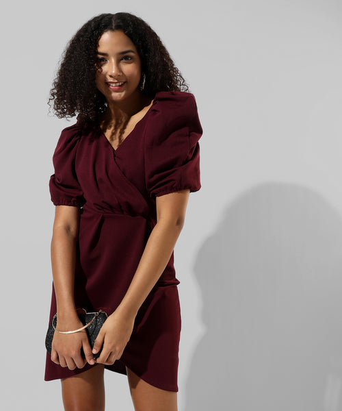 Women's Solid Maroon Regular Fit Dress