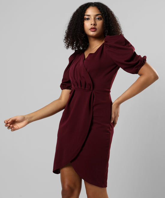 Women's Solid Maroon Regular Fit Dress