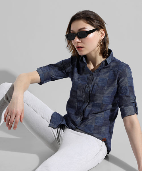 Women's Blue Checkered Regular Fit Shirt