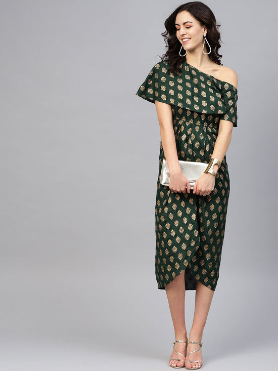 One Shoulder Yoke Overlap Printed Dress