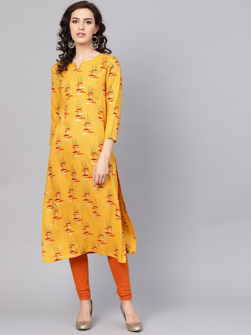 Ahika Women Beautiful Printed Mustard Color Cotton Fabric Kurti