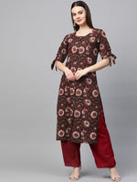 Ahika Women Occasion Wear Brown Color Printed Cotton Fabric Kurti