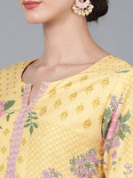 Ahika Women Yellow Silk Floral Printed Kurta