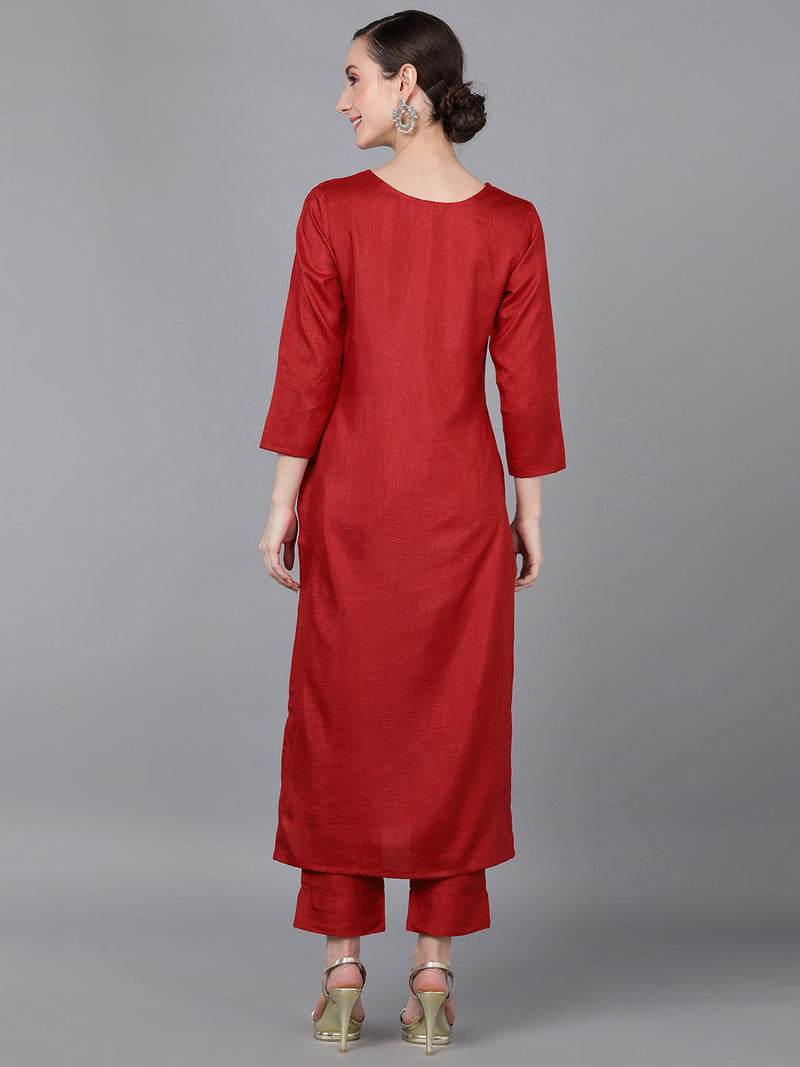 Ahika Women Red Silk Solid Kurta
