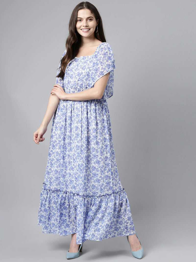 Ahika Blue White Floral Print Flared Sleeve Flounce Hem Maxi Dress With Smocked Detail