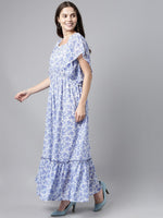 Ahika Blue White Floral Print Flared Sleeve Flounce Hem Maxi Dress With Smocked Detail