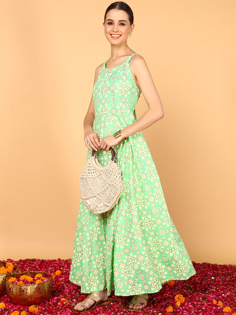 Ahika Women Sea green Cotton Floral Printed maxi dress
