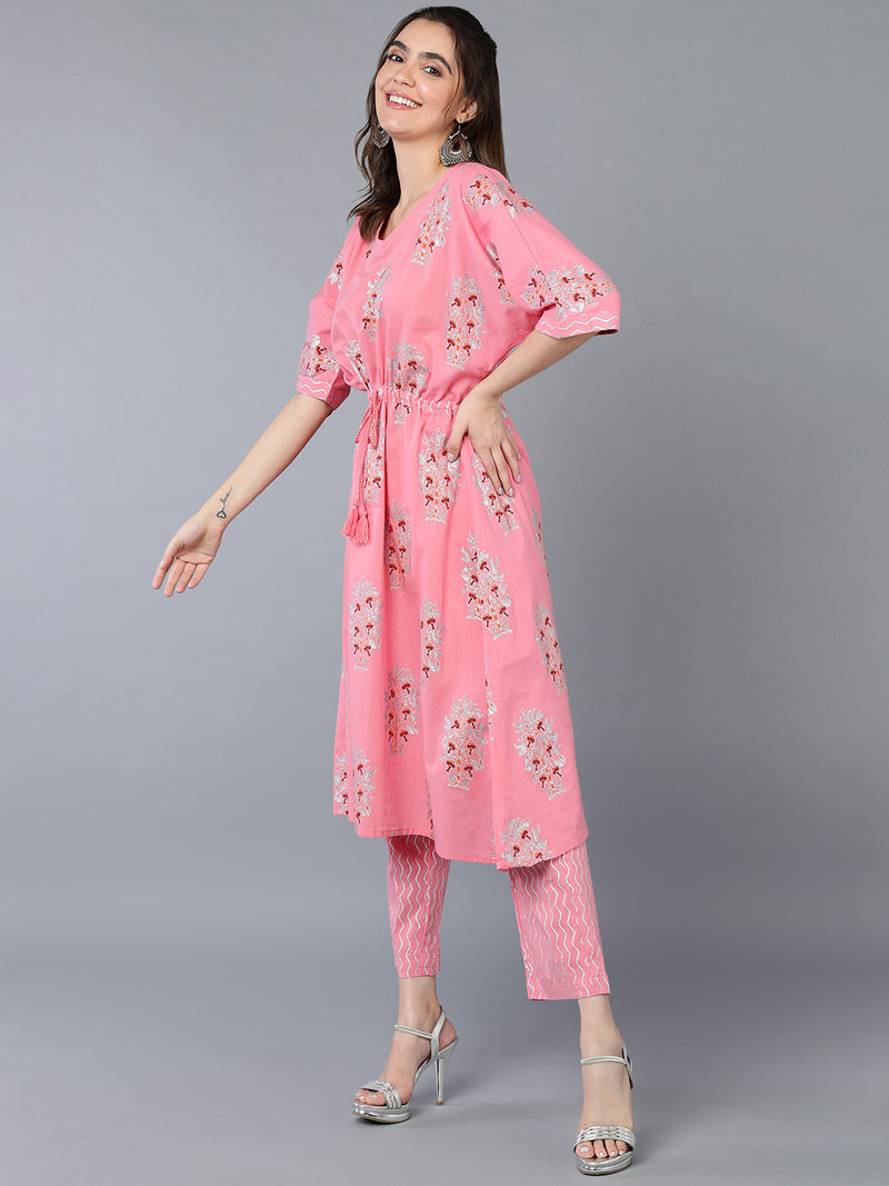 Cotton Pink Floral Printed Kaftan With Pant