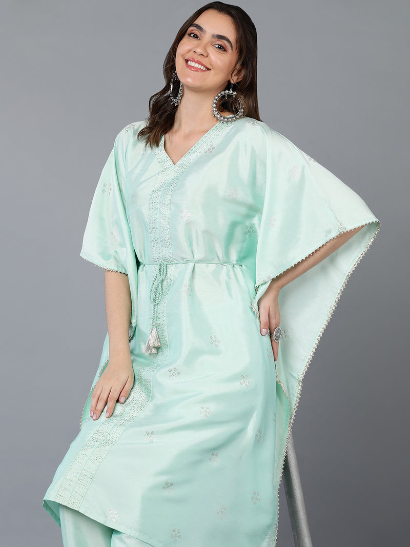 Polyester Turquoise Blue Solid Kaftan With Pant