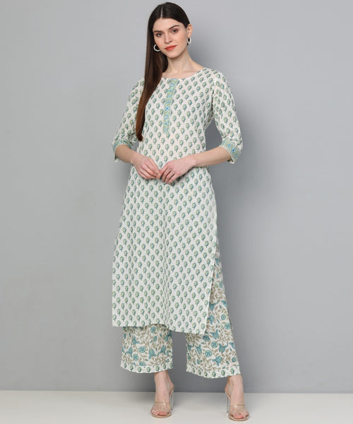 Ahika Women Off White And Green Color Cotton Fabric Printed Fancy Kurta And Palazzo Set