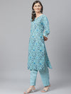 Ahika Women Cotton Turquoise Blue Ethnic Motifs Printed Straight Kurta Pant Set