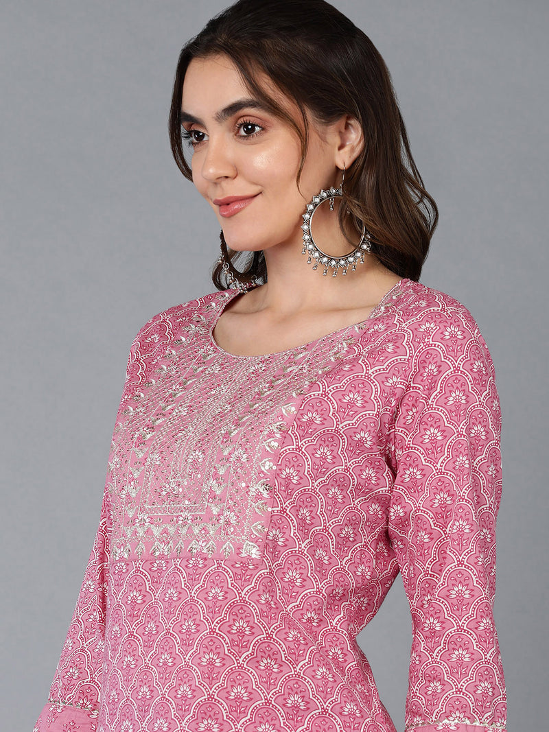 Cotton Pink Geometric Printed Embroidered Kurta Pant