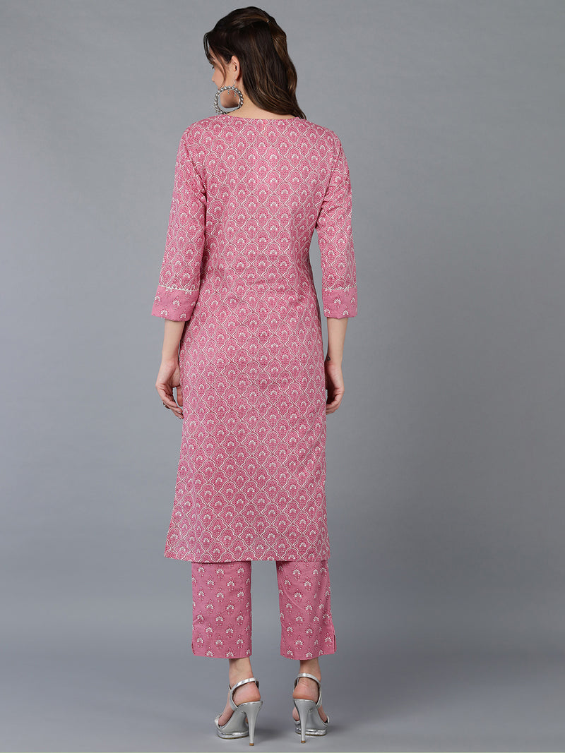 Cotton Pink Geometric Printed Embroidered Kurta Pant