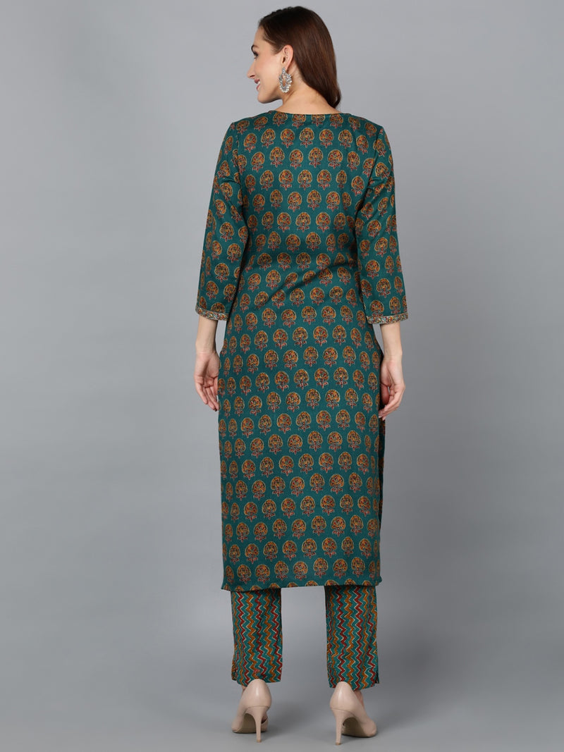 Teal Cotton Blend Straight Kurta With Pant