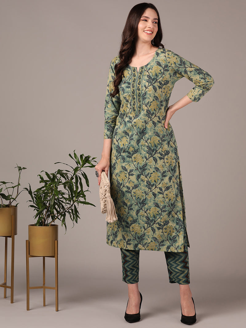 Ahika Women Green Cotton Blend Floral Printed Straight Kurta with Trouser