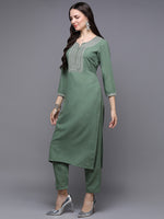 Silk Blend Green Embroidered Straight Kurta With Trouser