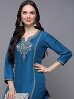 Silk Blend Blue Embroidered Straight Kurta With Trouser