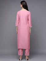 Silk Blend Pink Embroidered Straight Kurta With Trouser