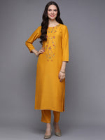Silk Blend Yellow Embroidered Straight Kurta With Trouser