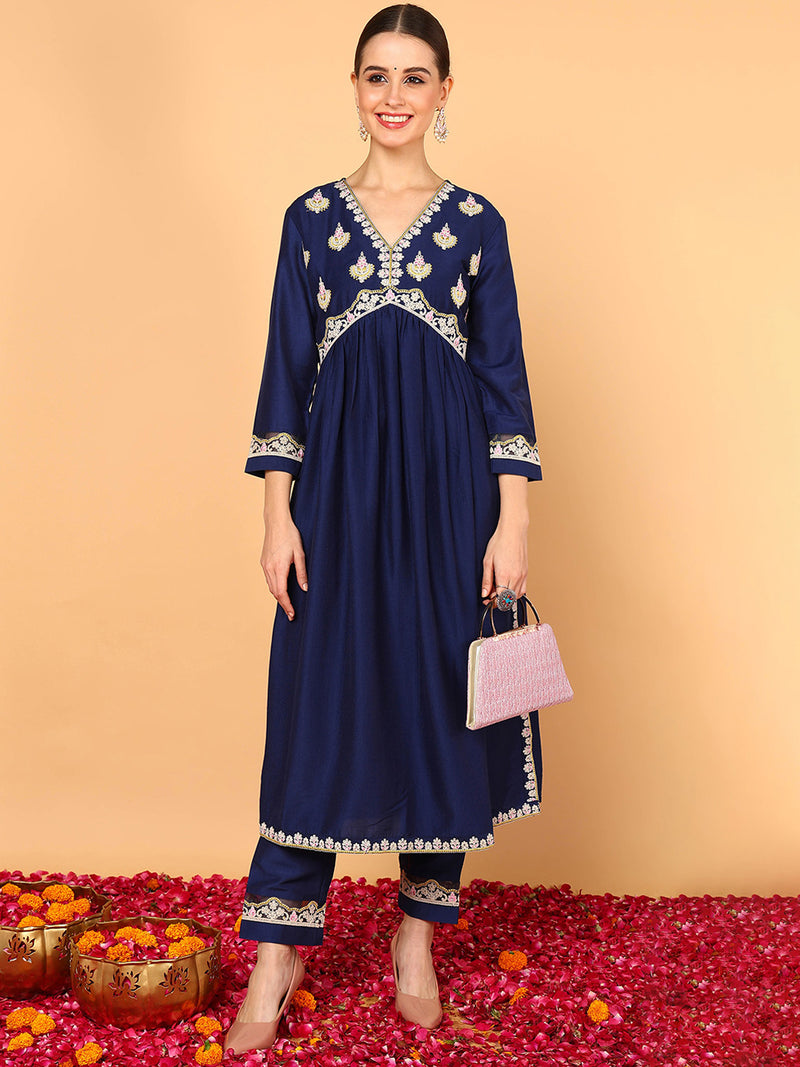 Ahika Women Navy Blue Silk Blend Solid Embroidered Flared Kurta with Trouser