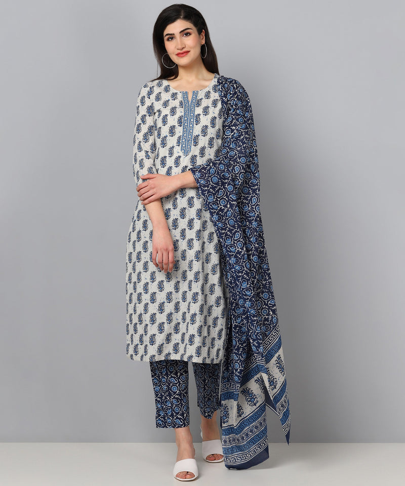 Ahika Women Blue Color Cotton Fabric Printed Fancy Kurta And Palazzo Dupatta Set