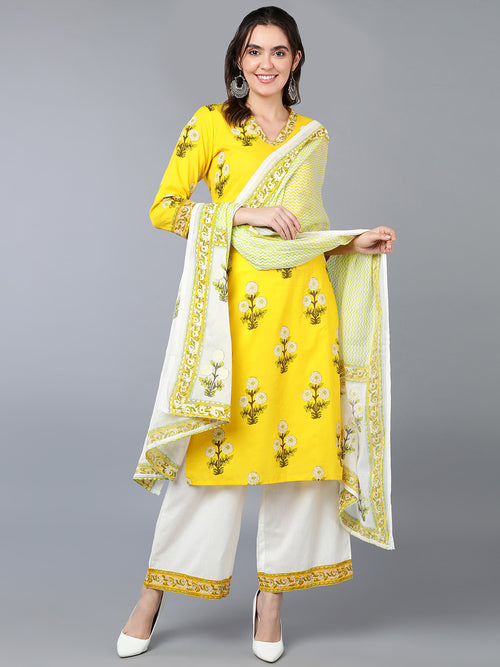 Cotton Yellow Floral Printed Kurta Pant With
